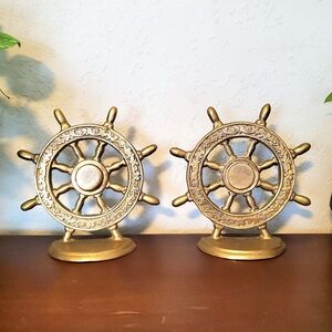 Vintage Solid Brass Nautical Ship Wheel Bookends